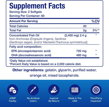 Clinical Omega 3 Fish Oil Supplement with EPA and DHA - 120 Orange Flavored Softgels for Heart, Immune, and Nervous Health - 1200mg of Molecularly Distilled Omega-3