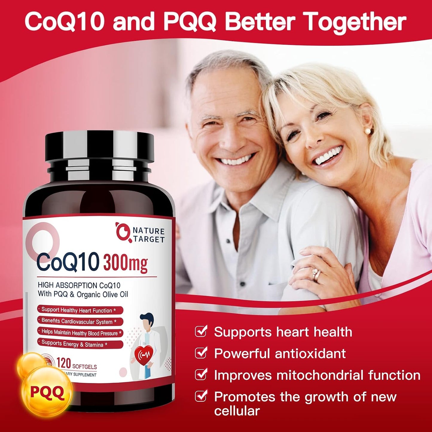 NATURE TARGET CoQ10-300mg-Softgels + PQQ with Organic-Olive-Oil - High Absorption-Coenzyme-Q10 - Antioxidant-for-Heart-Health and Immune Support, Energy Production, 120 Servings | High Absorption Coenzyme Q10 with BioPerine, Antioxidant for Heart, Brain,