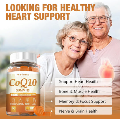 2 Pack 500MG Coq10 Gummies - 3X Better Absorption, Plus Omega-3, Magnesium, Vitamin B3 & Zinc - Coenzyme Q10 Supplements for Heart Health, Cellular Energy & Antioxidant, Vegan, 120 Counts