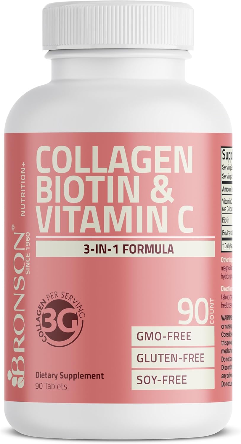 Bronson Collagen Peptides 3000mg with Biotin & Vitamin C, 90 Tablets | Hair, Skin & Nails Support, 3g Collagen per Serving, Non-GMO, Gluten-Free, Soy-Free