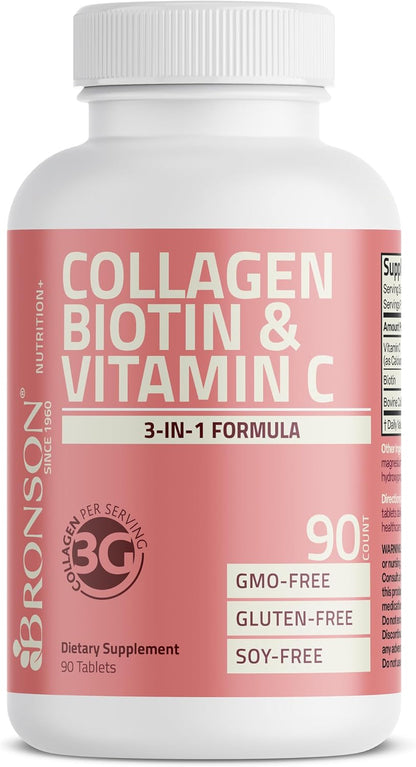 Bronson Collagen Peptides 3000mg with Biotin & Vitamin C, 90 Tablets | Hair, Skin & Nails Support, 3g Collagen per Serving, Non-GMO, Gluten-Free, Soy-Free