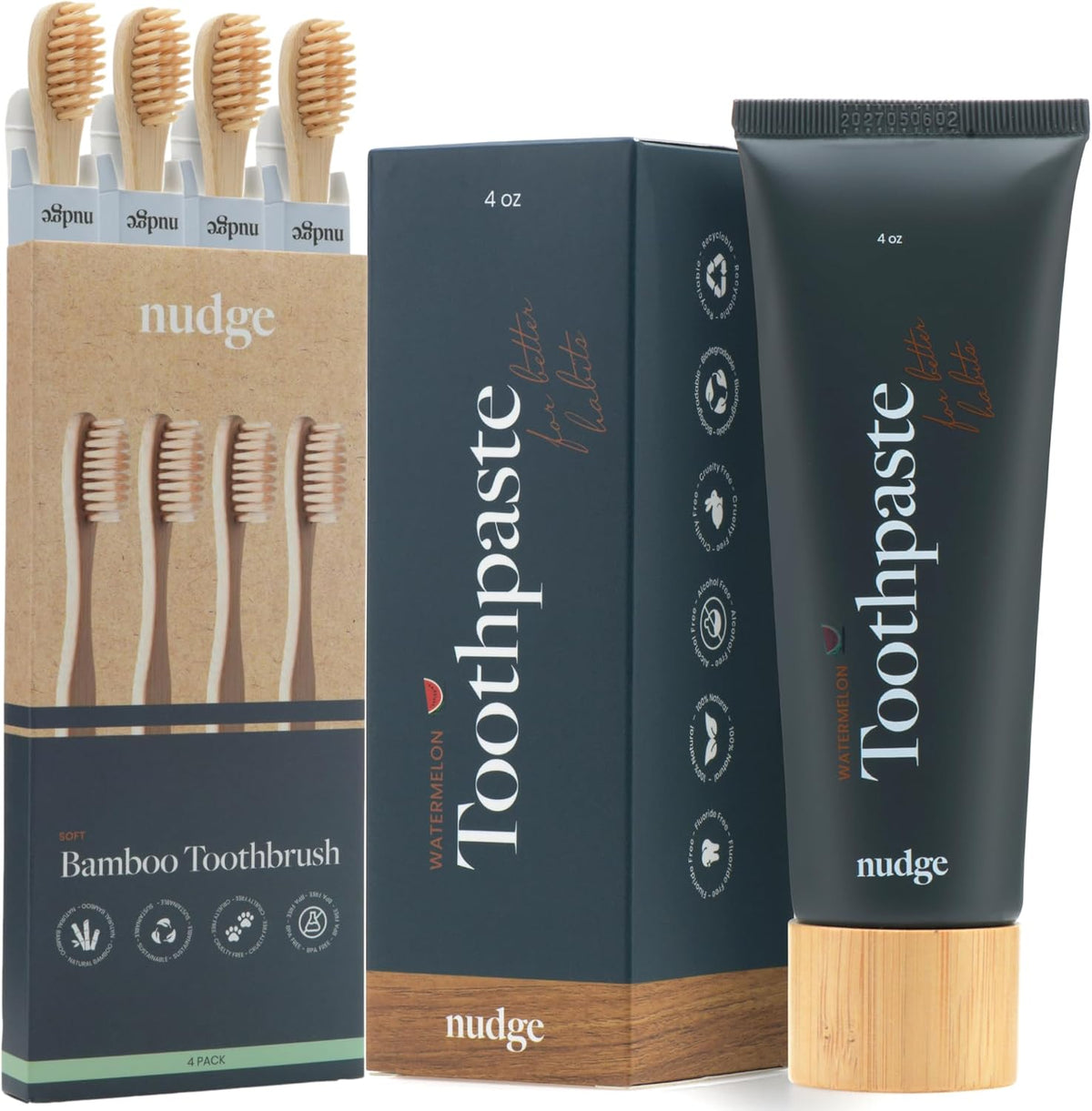 Nudge Nano Hydroxyapatite Toothpaste 4 oz (Watermelon Mint) + 4 Pack Biodegradable Bamboo Toothbrushes - Eco-Friendly, Natural Oral Care Kit