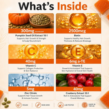 Pumpkin Seed Oil Beauty Gummies 3000mg, Saw Palmetto, 120 Vegan Chewables for Women Hair Growth, Strength, Skin Radiance, Biotin 2500mcg, Vitamin C, E, Zinc, Selenium, BioPerine, Pectin, Made in UK