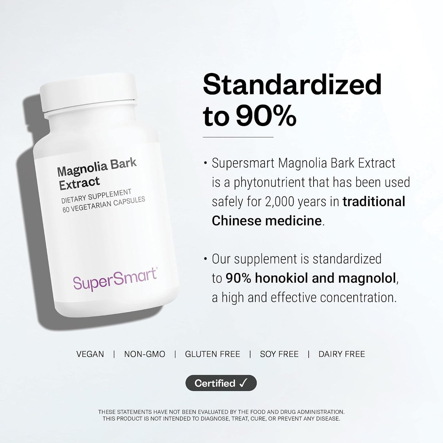 Supersmart - Magnolia Bark Extract (Max Strength) 300mg per Day - 90% Honokiol & Magnolol - Magnolia Bark Supplement | Non-GMO & Gluten Free - 60 Vegetarian Capsules