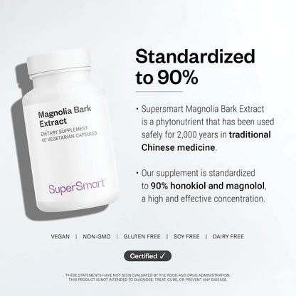 Supersmart - Magnolia Bark Extract (Max Strength) 300mg per Day - 90% Honokiol & Magnolol - Magnolia Bark Supplement | Non-GMO & Gluten Free - 60 Vegetarian Capsules
