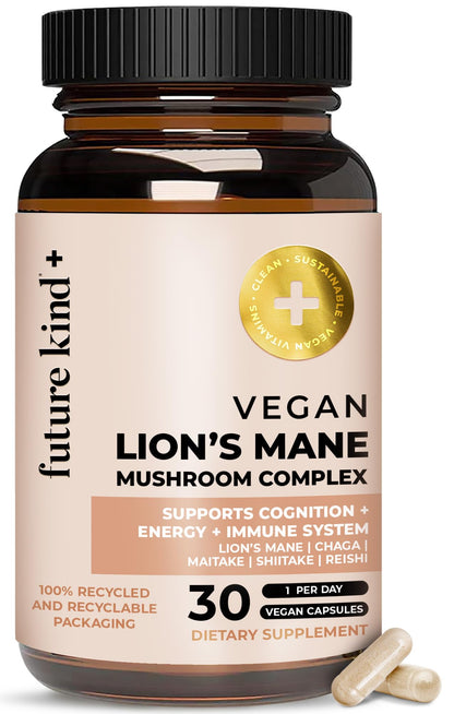 Future Kind Vegan Lion’s Mane Mushroom Complex - Brain Supplement with Chaga, Maitake, Shiitake, & Reishi, Supports Memory and Focus (30ct)