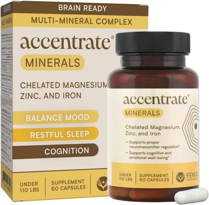 Accentrate Minerals - Magnesium Supplement for Kids – Chelated Magnesium Zinc Iron (Mg Zn Fe) – Mental Wellness Mineral Supplement for Focus, Mood & Brain Support – Bioavailable – 60 Capsules
