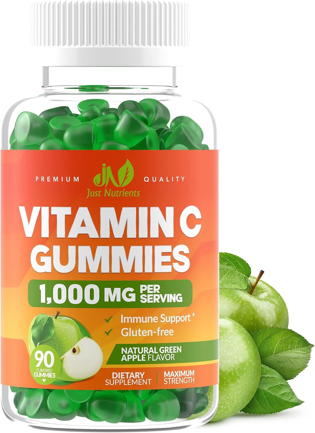 Vitamin C 1000mg Gummies for Adults & Kids, Maximum Strength (90 Count) | Chewable Immune & Collagen Support - Natural Green Apple Flavor - Gluten Free, Vegetarian, Non-GMO