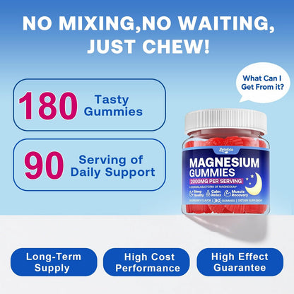 180 Count | Magnesium Gummies for Women & Men, Support Calm, Restful Sleep & Muscle Health, Sugar Free, Vegan, Non-GMO, Raspberry Flavor
