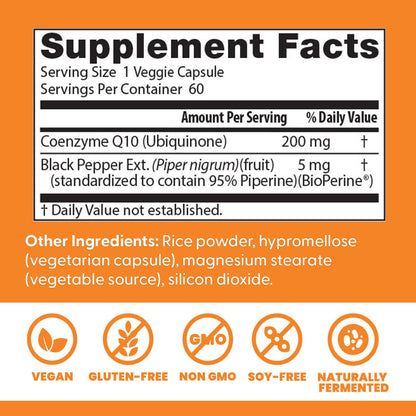 Doctor's Best High Absorption CoQ10 200mg with BioPerine Supplement - Coenzyme Q10 Caps for Heart Health & Antioxidant Support, CoQ10 200 mg for Women & Men, Non GMO - 60 Veg Capsules