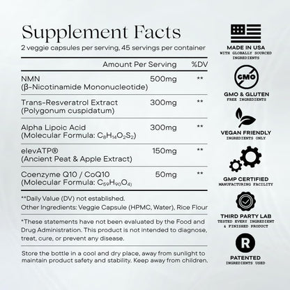 NMN Mitochondria Supplement - NMN 500mg, NAD+ & ATP Support for Cellular Vitality and Longevity - Clinically Tested elevATP, Resveratrol, CoQ10, Alpha Lipoic Acid - 90 Veggie Capsules