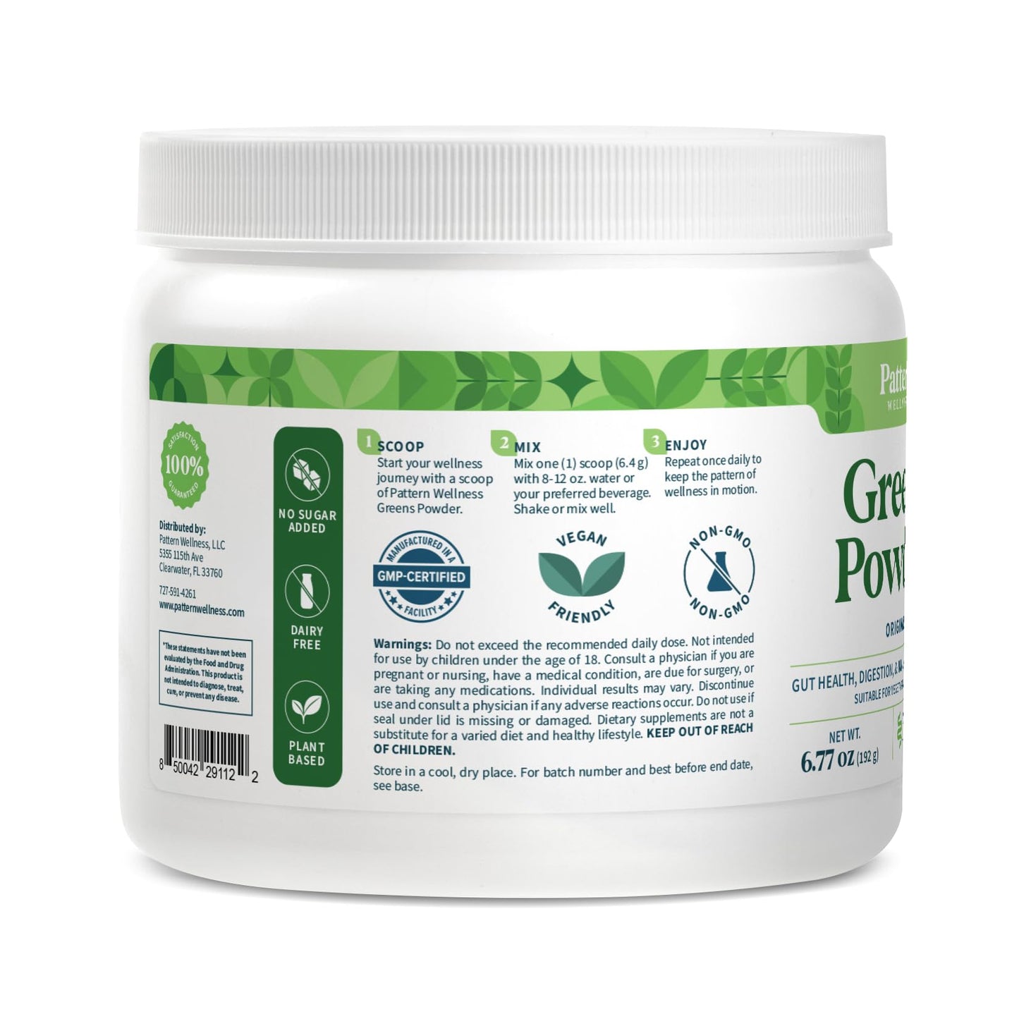 Pattern Wellness Greens Powder Superfood – with Antioxidant, Digestive Enzyme, Fiber, Probiotic & Adaptogen Blends – Digestion, Immunity & Energy Production – 30 Servings – Original Flavor – (6.77 oz)