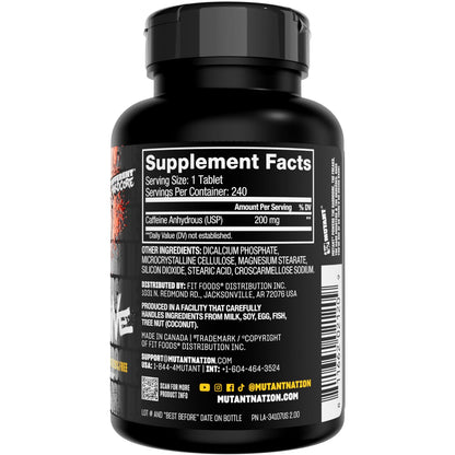 Mutant Caffeine Pills – Pharmaceutical-Grade Pure Caffeine Supplement for Boosting Energy, Focus, Mental Alertness, Performance, & Endurance – Reduces Fatigue & Restores Wakefulness – 240 Tablets