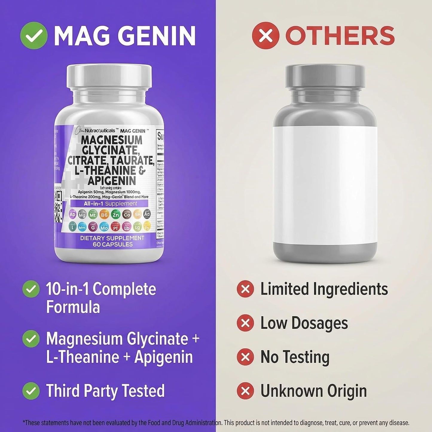 Clean Nutraceuticals Magnesium Glycinate Complex 1000mg with L-Theanine 200mg Apigenin 50mg Citrate Taurate Supplement - 5-HTP GABA Passion Flower Lemon Balm L-Glycine Phosphatidylserine - 60 Count