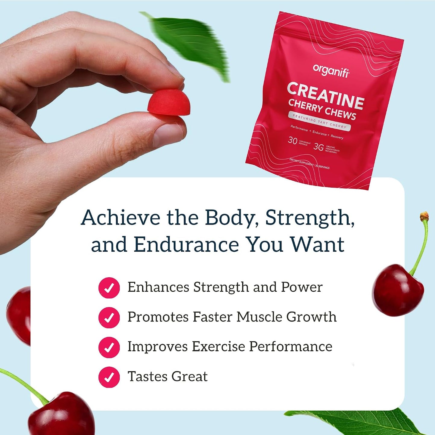 Organifi Strength and Mood Bundle - 30 Servings of Creatine Cherry Chews and Lemon Happy Drops - Delicious Creatine Monohydrate and Calming Saffron Gummies for Men and Women