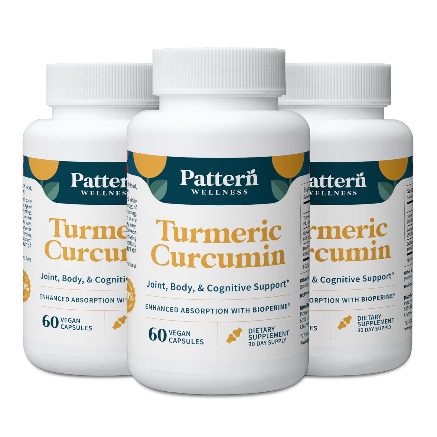 Pattern Wellness Turmeric Curcumin Supplement – 60 Capsules | 95% Curcuminoids with BioPerine® Black Pepper – Supports Joint, Cognitive & Immune Health – Non-GMO, Gluten Free