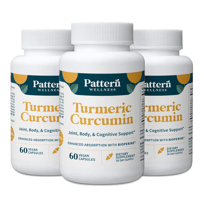 Pattern Wellness Turmeric Curcumin Supplement – 60 Capsules | 95% Curcuminoids with BioPerine® Black Pepper – Supports Joint, Cognitive & Immune Health – Non-GMO, Gluten Free