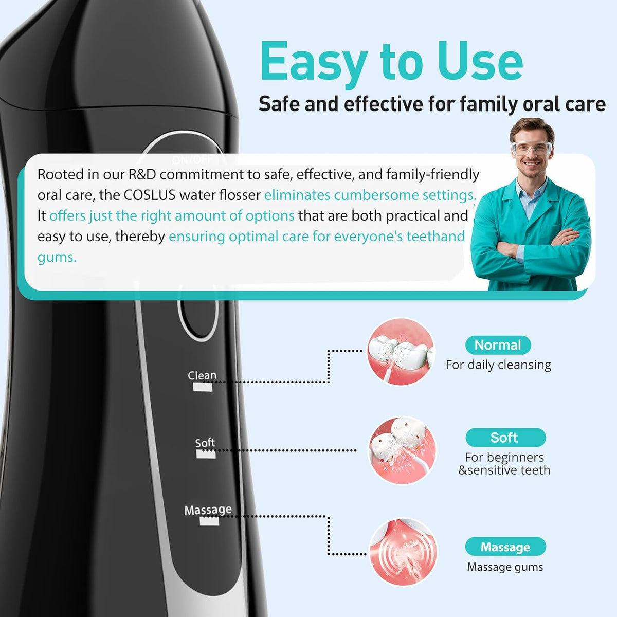 COSLUS Water Dental Flosser Teeth Pick: Cordless Oral Irrigator 300ML Rechargeable with Kids Portable Water Flosser