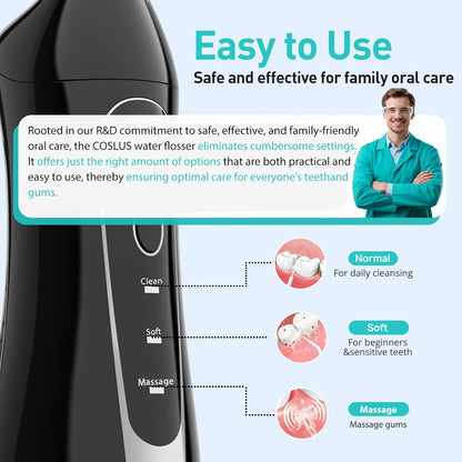 COSLUS Water Dental Flosser Teeth Pick: Cordless Oral Irrigator 300ML Rechargeable with Kids Portable Water Flosser