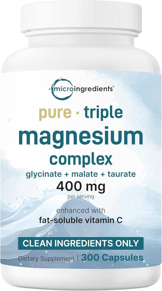 Micro Ingredients Pure Magnesium Complex, 300 Capsules | Triple Magnesium Glycinate, Malate, Taurate with Vitamin C | 100% Chelated | Supports Muscles, Nerves, & Energy | Only Active Ingredients