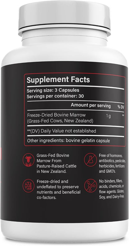 Beef Bone Marrow Supplement, Grass Fed Freeze-Dried Bone Marrow Capsules with Vitamin K2, Healthy Fats & Collagen, Whole Food Ancestral Organ Supplement, 90 Count