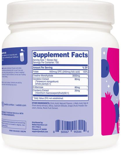 Wellah Creatine for Women - Creatine Monohydrate with Dandelion & Cranberry Extract (50 Servings, Strawberry Lemonade) | Creatine Monohydrate with Dandelion & Cranberry Extract