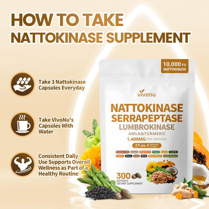 VivoNu Nattokinase 300 Softgels, 500mg(10,000 FU) Per Serving | 17-in-1 Organic Nattokinase Supplement with Serrapeptase*,Lumbrokinase*,CoQ10,AMLA&Turmeric|for Heart* Health|Non-GMO