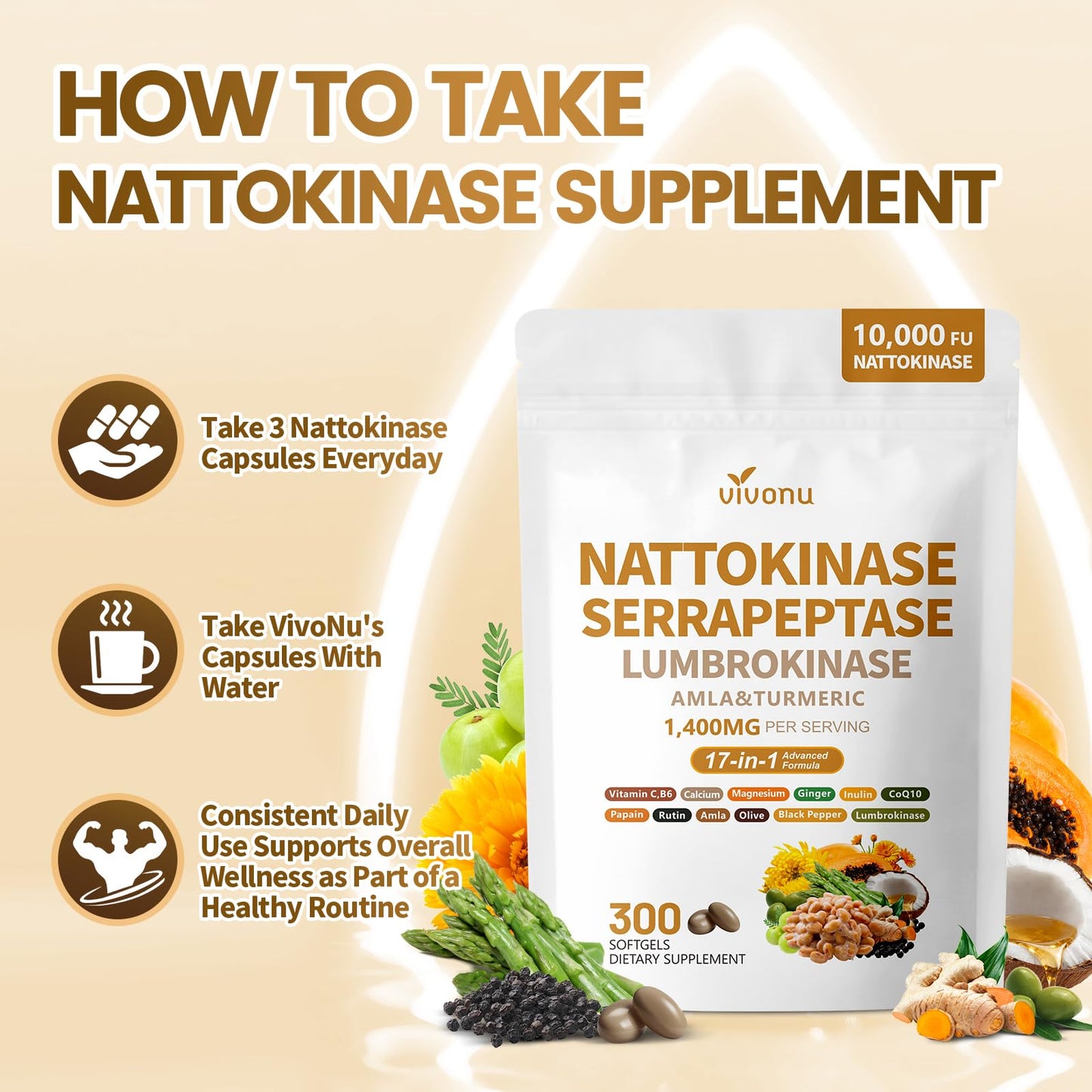 VivoNu Nattokinase 300 Softgels, 500mg(10,000 FU) Per Serving | 17-in-1 Organic Nattokinase Supplement with Serrapeptase*,Lumbrokinase*,CoQ10,AMLA&Turmeric|for Heart* Health|Non-GMO