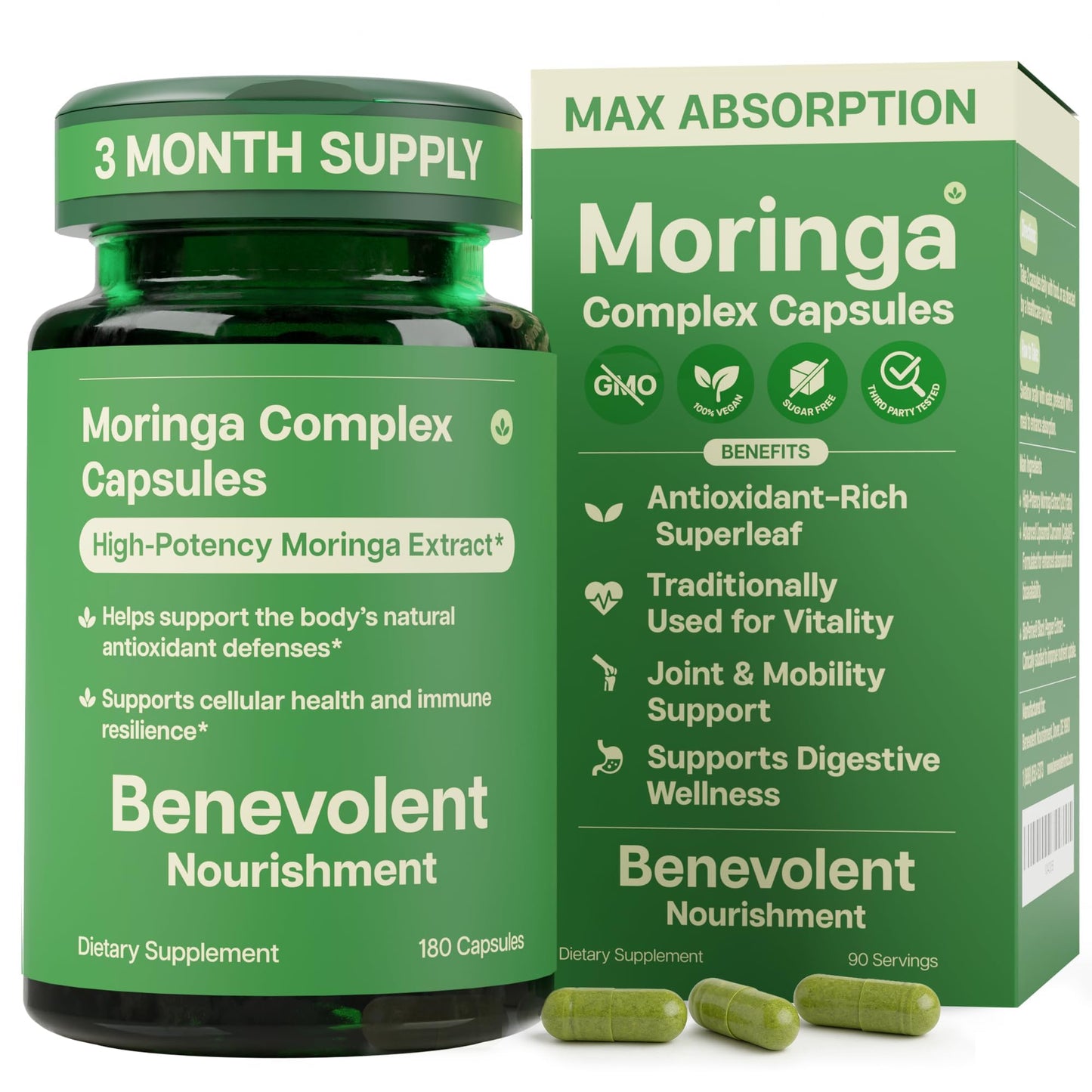 Benevolent Moringa Capsules with Liposomal Curcumin & BioPerine® – High-Potency Moringa Supplement for Antioxidant Support, Immune Resilience, Breastfeeding Support & Nutrient Absorption – 180 Count