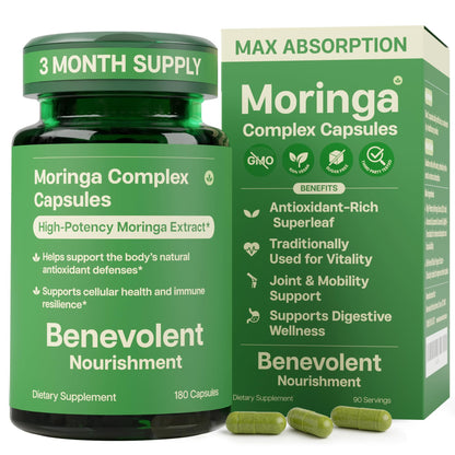 Benevolent Moringa Capsules with Liposomal Curcumin & BioPerine® – High-Potency Moringa Supplement for Antioxidant Support, Immune Resilience, Breastfeeding Support & Nutrient Absorption – 180 Count
