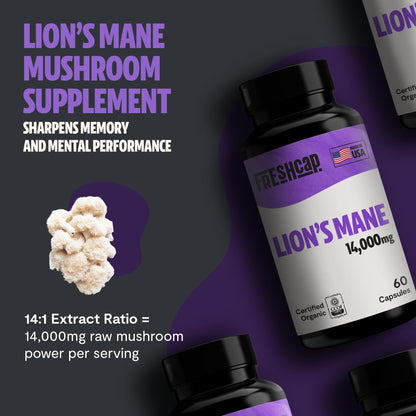 FreshCap Mushrooms Premium Organic Lions Mane Capsules - 14:1 Fruiting Body Extract with 31% Beta-Glucans - 3rd-Party Tested Nootropic for Clarity, Focus & Cognitive Support (120 Capsules)