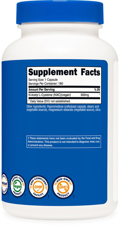 Nutricost N-Acetyl L-Cysteine (NAC) 600mg, 180 Capsules | GMO-Free And Gluten Free