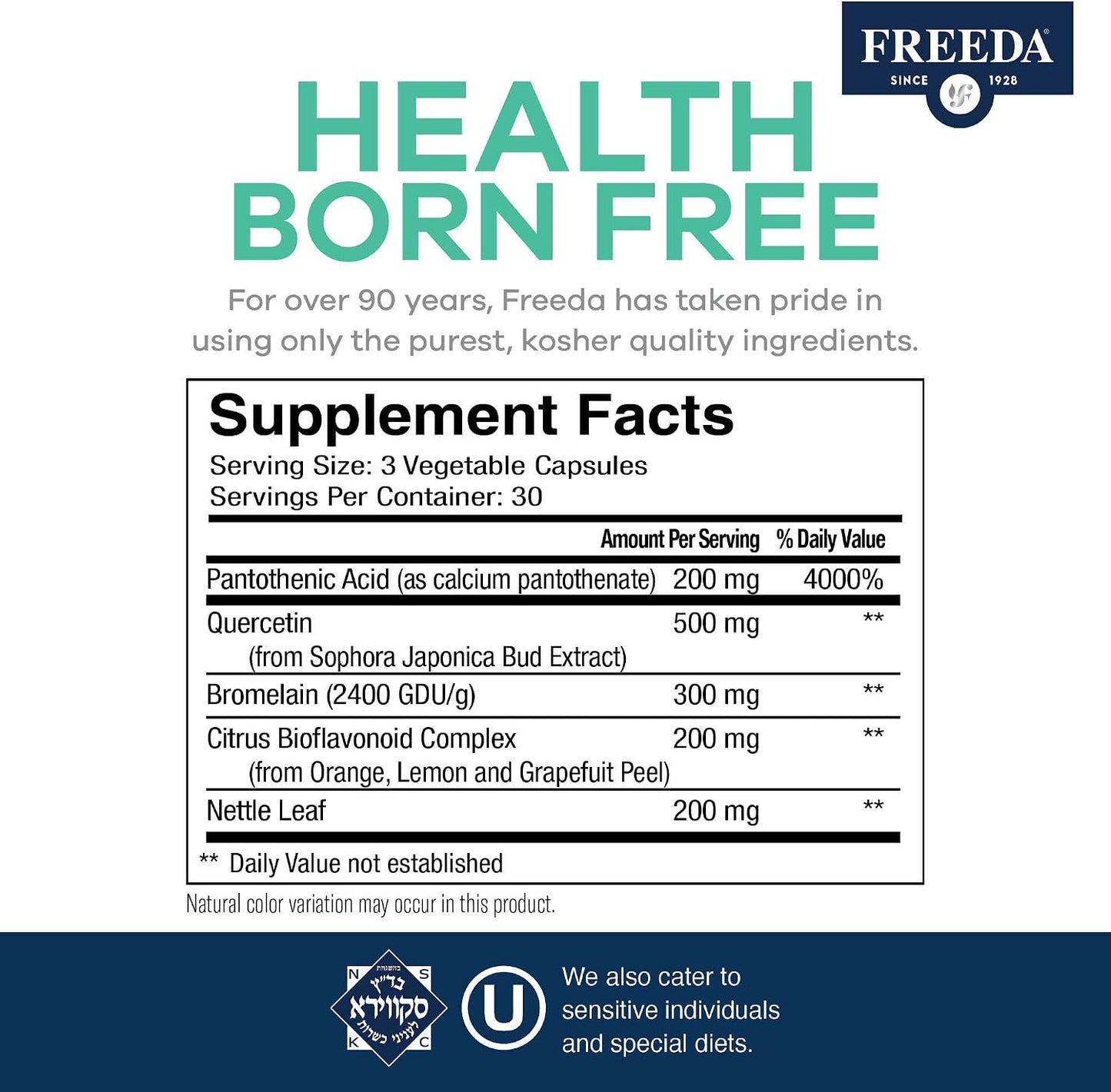 FREEDA Natural Allergy Capsules with Quercetin Bromelain & Nettle Leaf 90ct | Supports Seasonal Wellness & Respiratory Health – Botanical Quercetin Blend – Non-Drowsy Formula, Vegan & Made in USA