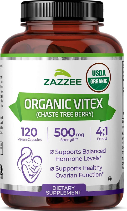 Zazzee USDA Organic Vitex 4:1 Extract, 120 Vegan Capsules, 4 Month Supply, Chaste Berry, Hormonal Balance & Cycle Support for Women, Certified Kosher, Vitex Agnus-Castus, Non-GMO, Made in the USA