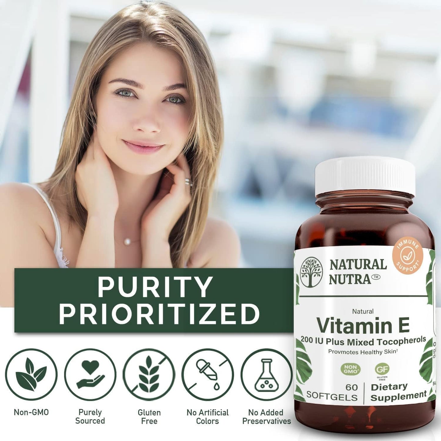 Natural Nutra Vitamin E 200 IU Supplement, 60 Softgels | Helps Heart Health & Protects Skin Texture, Enriches Health Nutrients, Enhances Hair & Nails Growth, Supports Body Fat Level
