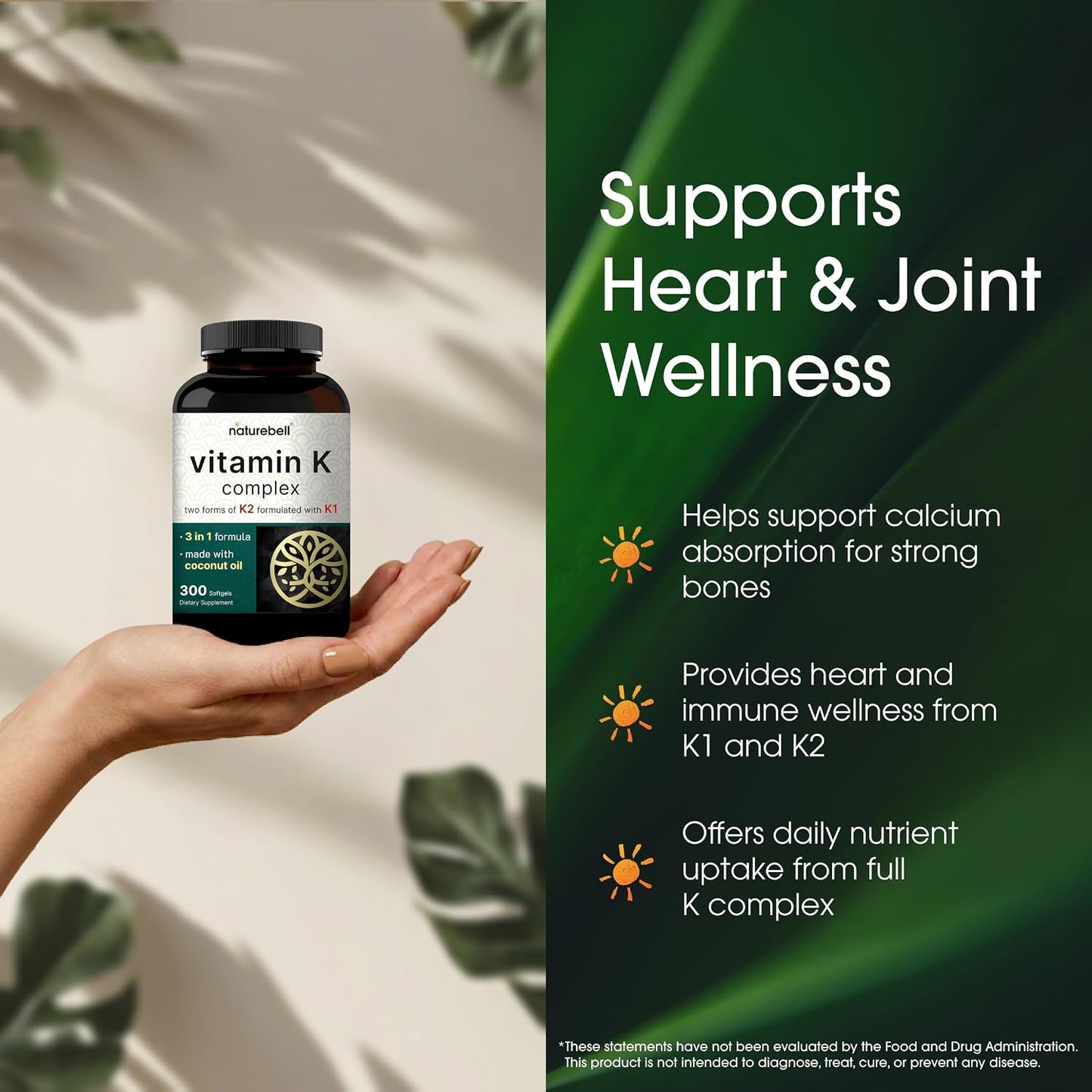 NatureBell Vitamin K Complex - 300 Softgels - Delivers 2,600mcg Vitamin K - Full Spectrum Bone & Heart Health Support Supplement - High Absorption K1 & K2 MK-4 & MK-7*