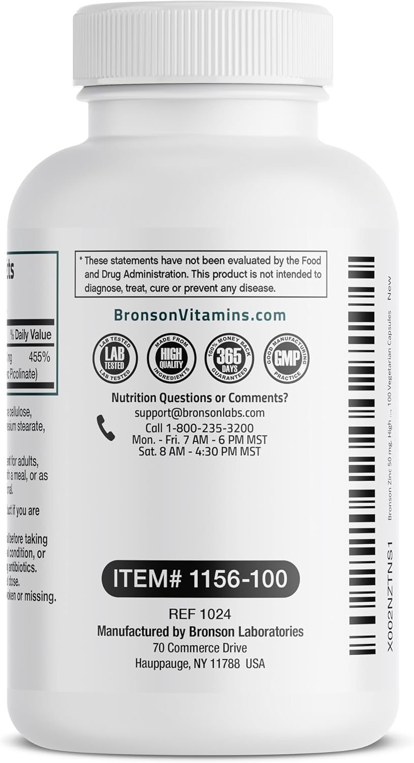 Bronson Zinc 50mg Complex High Potency Immune Support Supplement & Antioxidant and Skin Health - Non GMO, 100 Vegetarian Capsules