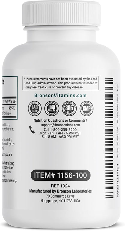 Bronson Zinc 50mg Complex High Potency Immune Support Supplement & Antioxidant and Skin Health - Non GMO, 100 Vegetarian Capsules
