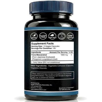 WELLNESS LABSRX Resveratrol Supplement 1000mg, 120 Capsules (60 Days Supply), Ultra-Strength High Purity Trans-Resveratrol for Healthy Aging, Anti-Aging and Heart Health Support - Vegan, Keto