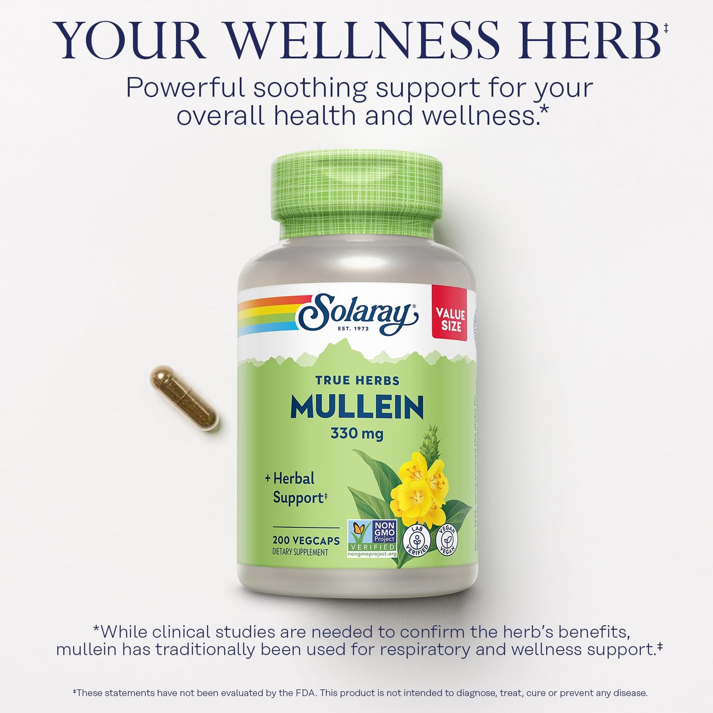 SOLARAY Mullein Leaf 330 mg - Soothing Herbal Support - Mullein Capsules Traditionally Used to Support Health and Wellness - Vegan, Non-GMO, Lab Verified, 60-Day Guarantee, 100 Servings, 100 VegCaps