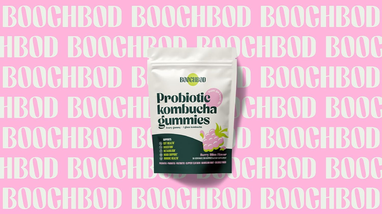 BoochBod - Probiotic Kombucha Gummy - Prebiotics, Probiotics, Postbiotics, Fiber Supplement, Slippery Elm, Dandelion Root, for Bloating, Gut Health - for Women and Men - 4X Bundle & Save