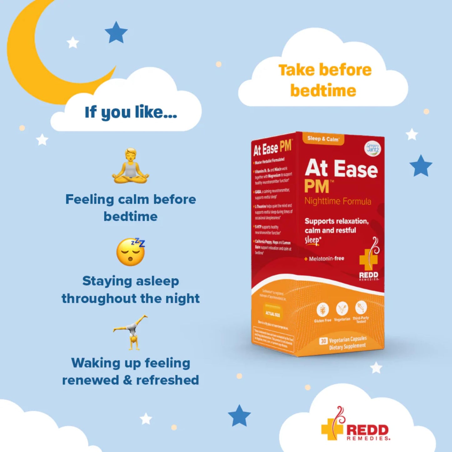Redd Remedies, At Ease PM, Natural Sleep Aid, Supports Relaxation, 30 Vegetarian Capsules