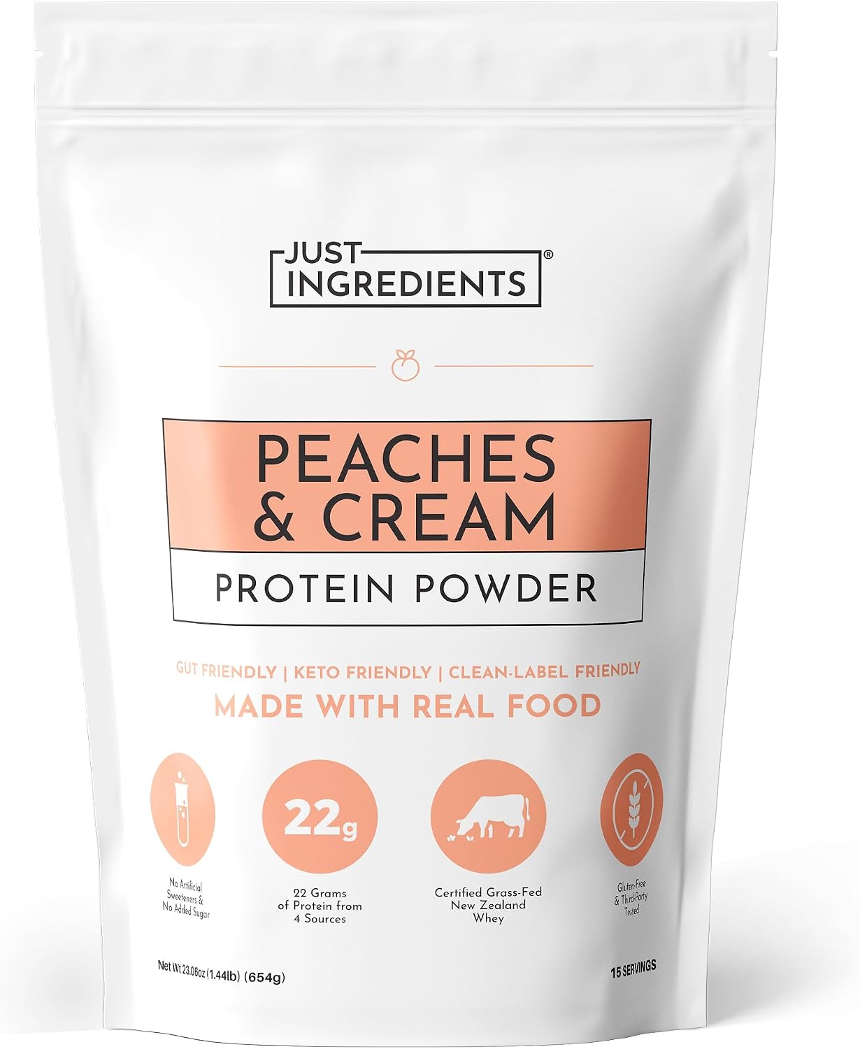 JUST INGREDIENTS Peaches & Cream Protein Powder, 15 Servings, 22g Protein from 4 Sources, Certified Grassfed New Zealand Whey Concentrate, Made with Real Food Ingredients, No Gums or Fillers