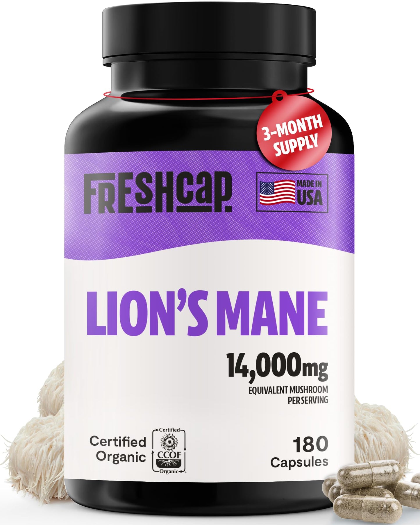 FreshCap Mushrooms Premium Organic Lions Mane Capsules - 14:1 Fruiting Body Extract with 31% Beta-Glucans - 3rd-Party Tested Nootropic for Clarity, Focus & Cognitive Support (120 Capsules)