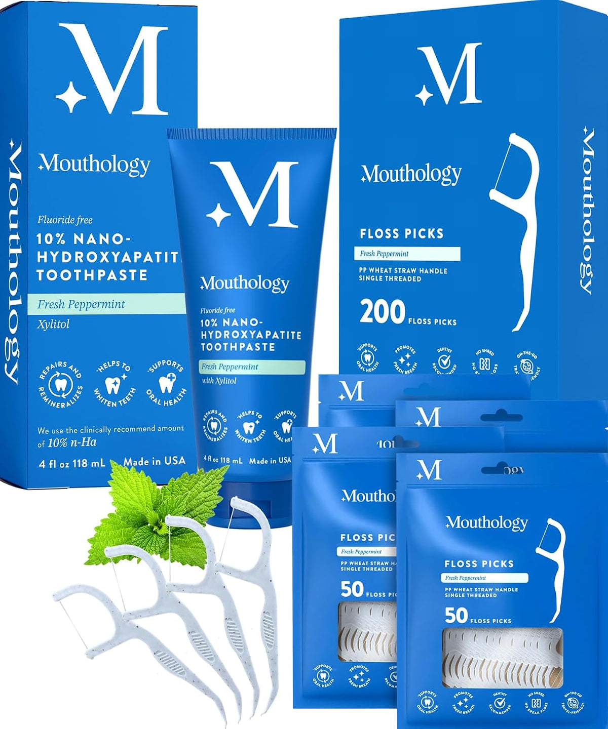Mouthology 10% Nano Hydroxyapatite Toothpaste (Fluoride Free) and Floss Picks Bundle
