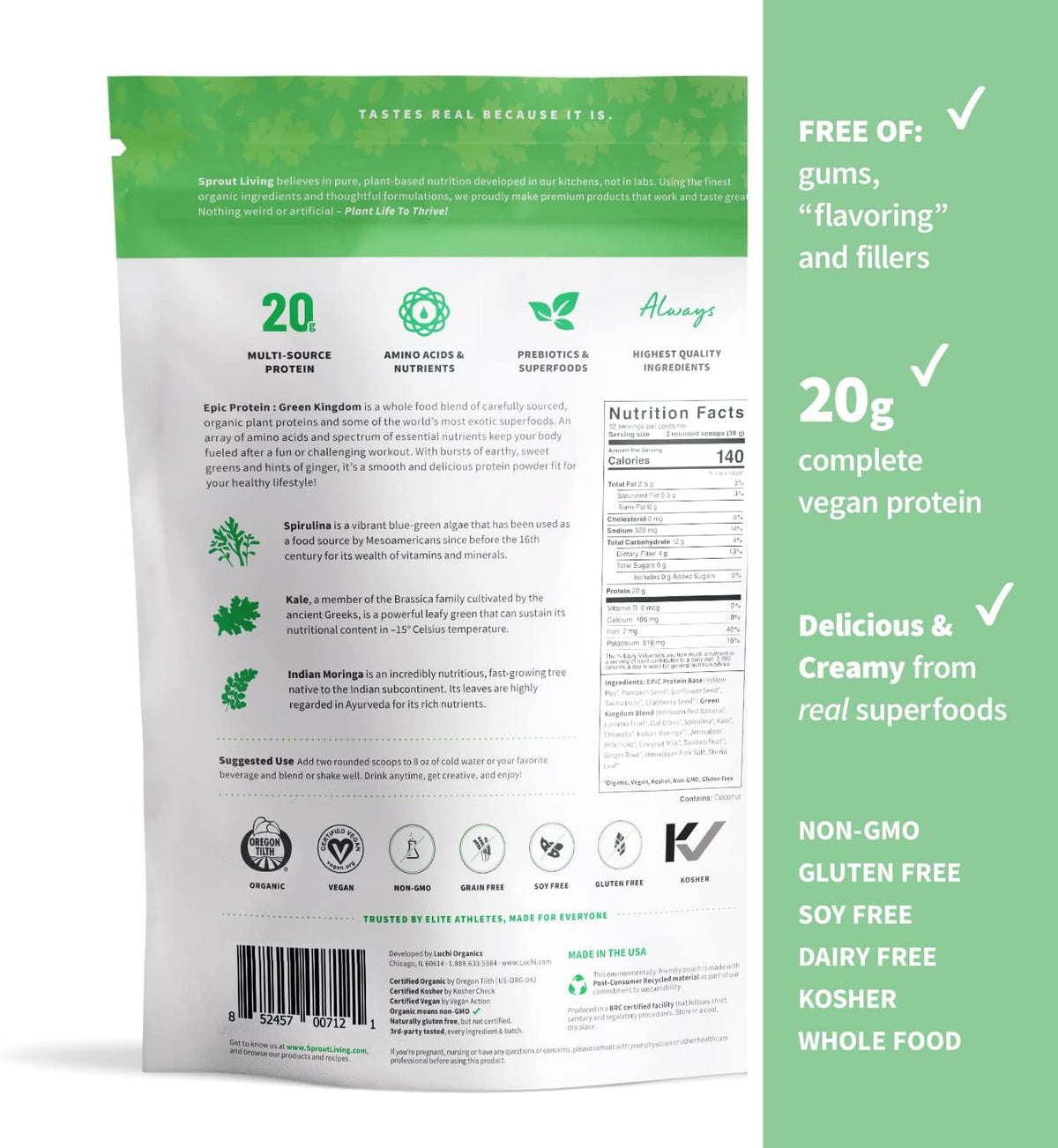 Sprout Living Epic Protein Bundle - Vanilla Lucuma & Green Kingdom (20g Organic Plant-Based Protein Powder, Vegan, Gluten Free, Superfoods) | 1lb, 12 Servings