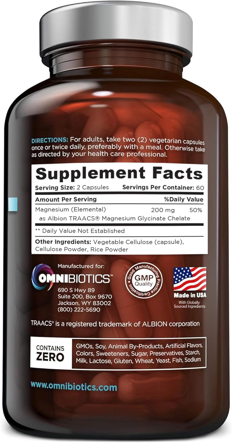 OmniBiotics Magnesium Glycinate Supplement – with 100% Pure Albion TRAACS Bisglycinate Chelate for Sleep, Muscle, Nerve & Heart Health – 120 Vegan Capsules