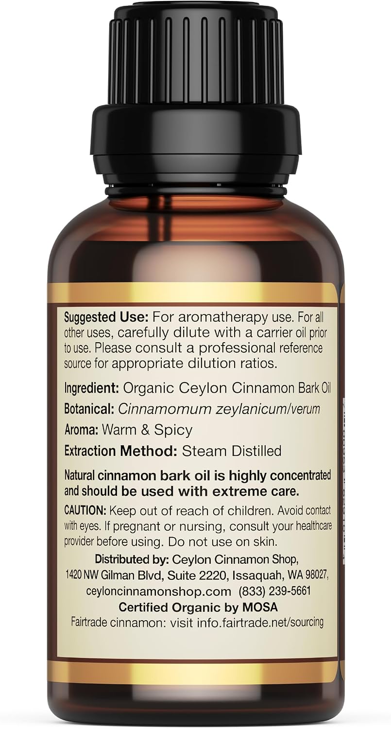 Organic Ceylon Cinnamon Bark Essential Oil, Food Grade - 1 Oz (30mL) | Premium Grade True Cinnamon Oil, Sri Lankan Variety, Cinnamomum Verum, All-Natural, Non-GMO, Gluten Free, Made in USA (GMP)