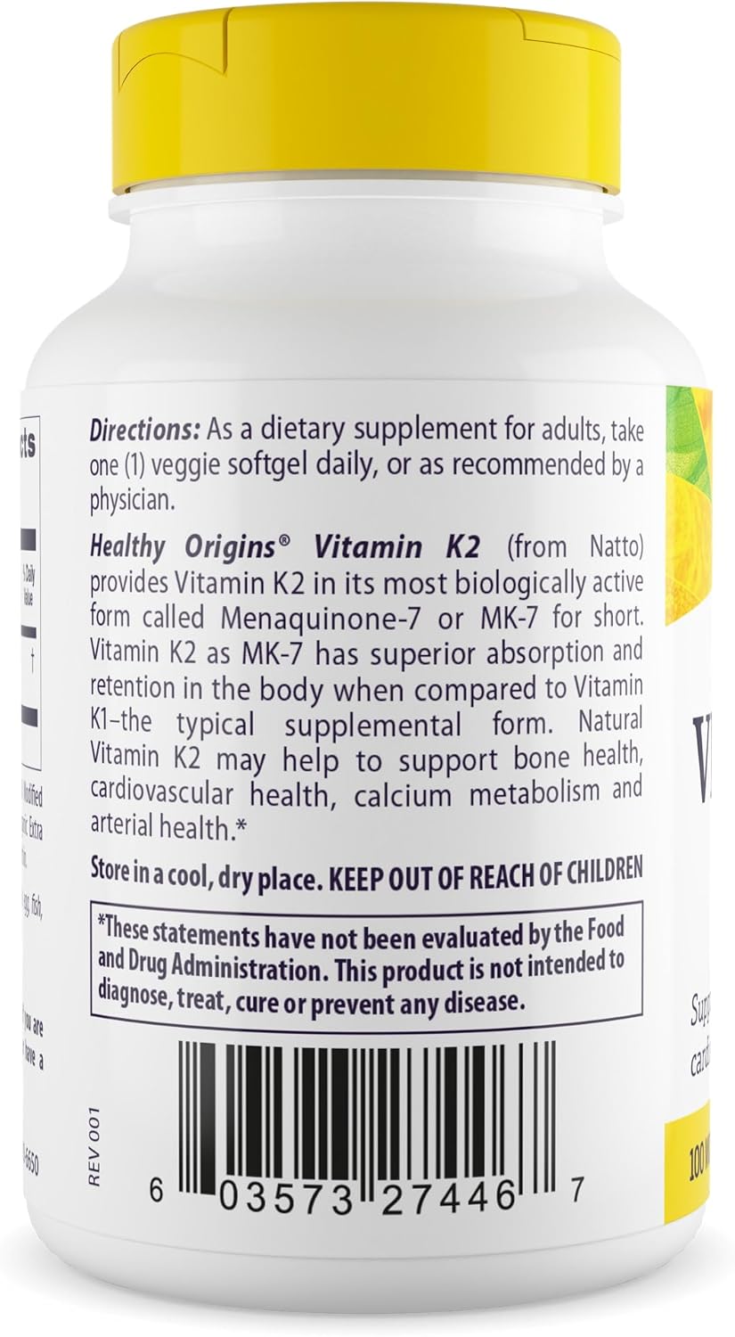Healthy Origins Vitamin K2 100 mcg (MK-7, Non-GMO, Gluten Free, Cardiovascaular Support, Bone Support), 180 Veggie Gels