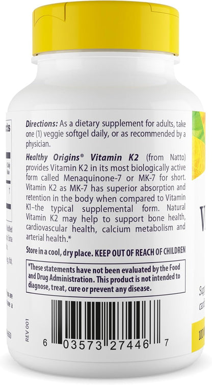 Healthy Origins Vitamin K2 100 mcg (MK-7, Non-GMO, Gluten Free, Cardiovascaular Support, Bone Support), 180 Veggie Gels